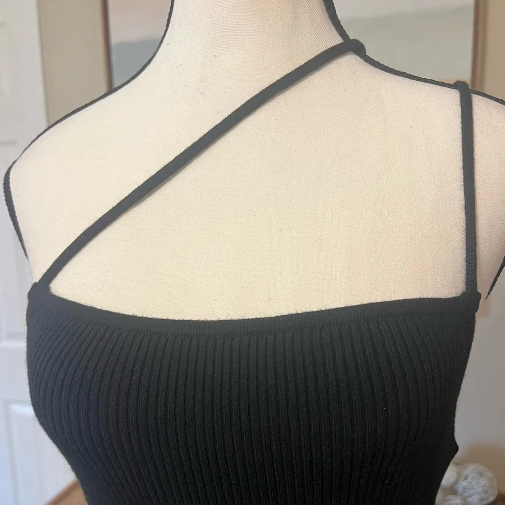 Abercrombie & Fitch Black Ribbed Asymmetrical Strappy Maxi Dress Small Tall